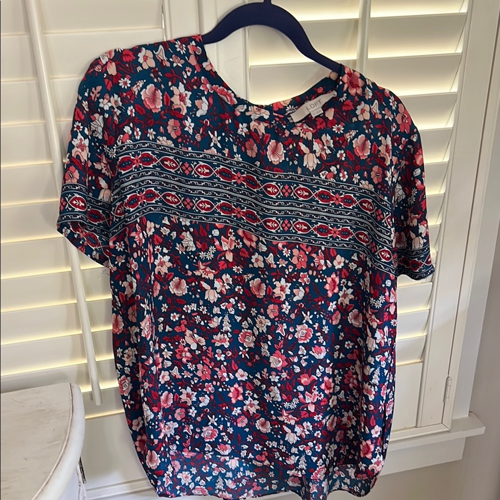 LOFT Blue & Pink Floral Blouse with Short Sleeves